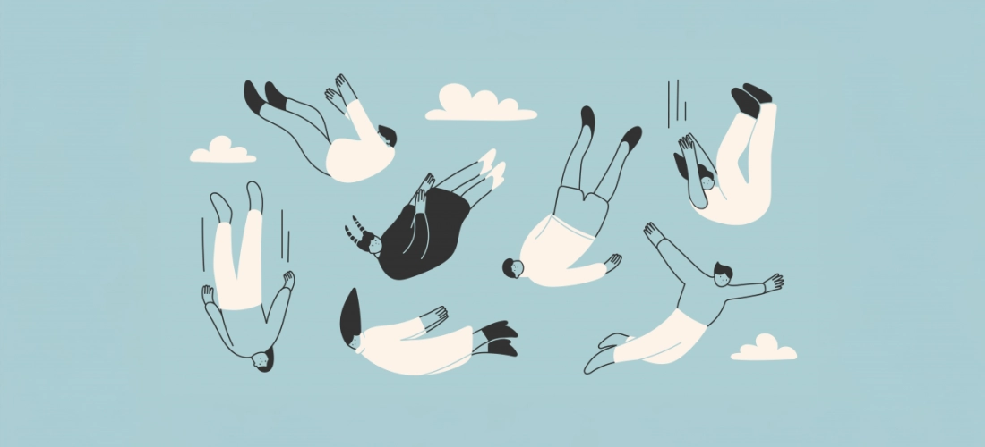 Personnes stylisées en chute libre sur fond bleu avec nuages
